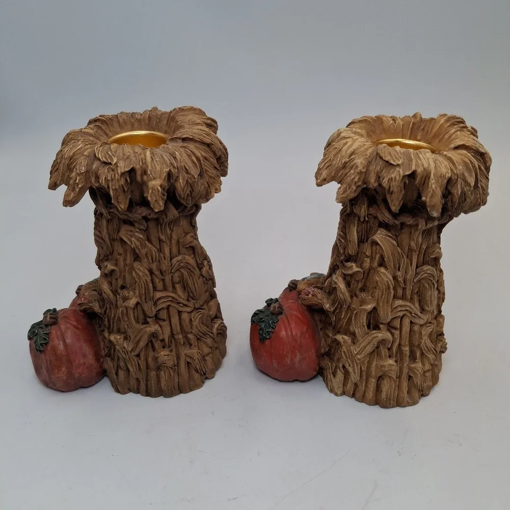 Kurt Adler Resin Thanksgiving Harvest Cornstalk Candle Holders Pumpkin Set 2